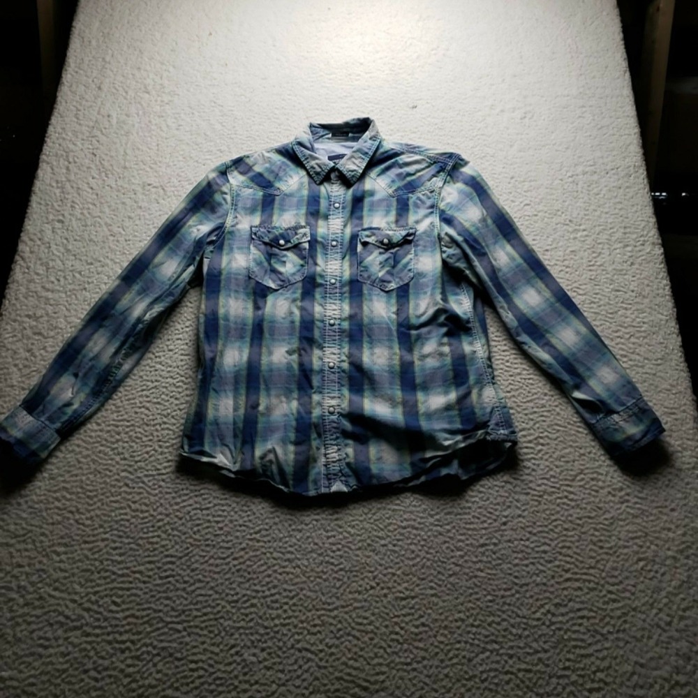 American Eagle Outfitters Shirt Mens Large Blue Plaid Western Pearl Snap